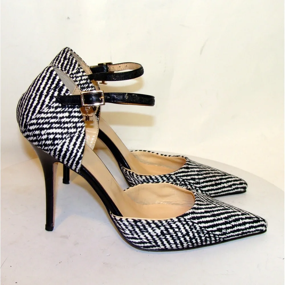 ELISABETTA FRANCHI BLACK WHITE ANKLE STRAP SHOES HEELS SIZE 37.5 / 7.5 US C133